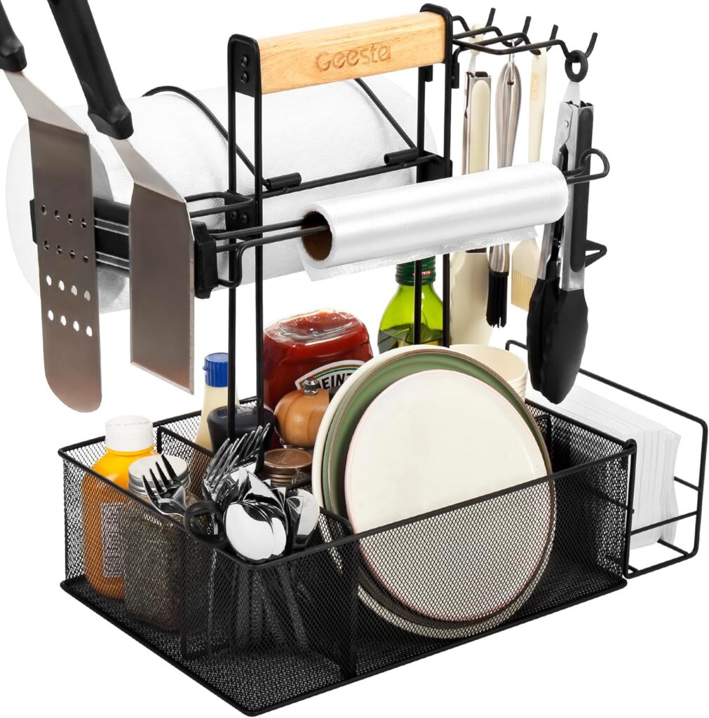 Grill Caddy for Outdoor Grill, BBQ Picnic Camping Caddy with Paper Towel Holder & Magnetic Tool Holder (~$30–$45)